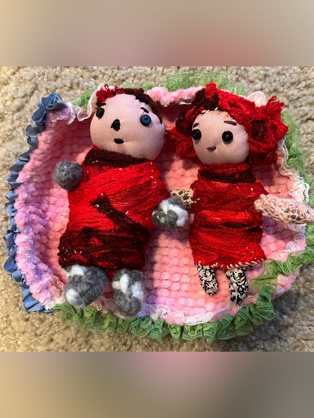Handmade Art Rag Dolls Set w/ Cozy Bed OOAK Soft Fabric Plush 5” New